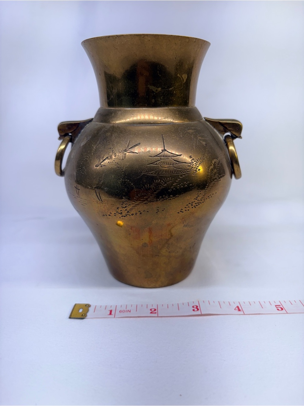 Vintage Japanese Etched Brass Pagoda Vase Ring Handles Asian Decor Chokin Style